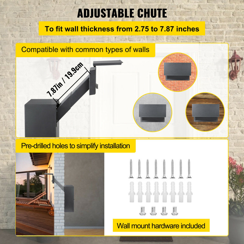 Boîte de dépôt à travers le mur VEVOR, boîte de dépôt de courrier de 12,5 po x 6,3 po x 16,9 po avec goulotte réglable, boîte de dépôt avec serrure à code, pour lettres, loyers, chèques et clés