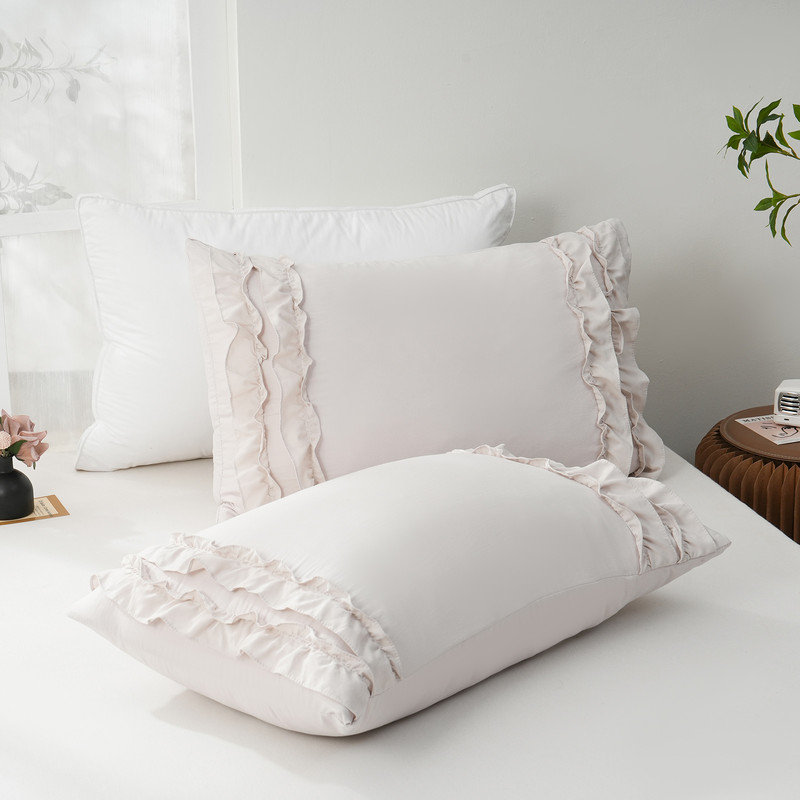 Ruffle King Pillowcases Set of 2,Chic Ruffle Pillow Cases,20x30 inches Beige Pillow Covers,French Country Vintage Ruffled Pillowcases 2 Pack, Soft Microfiber