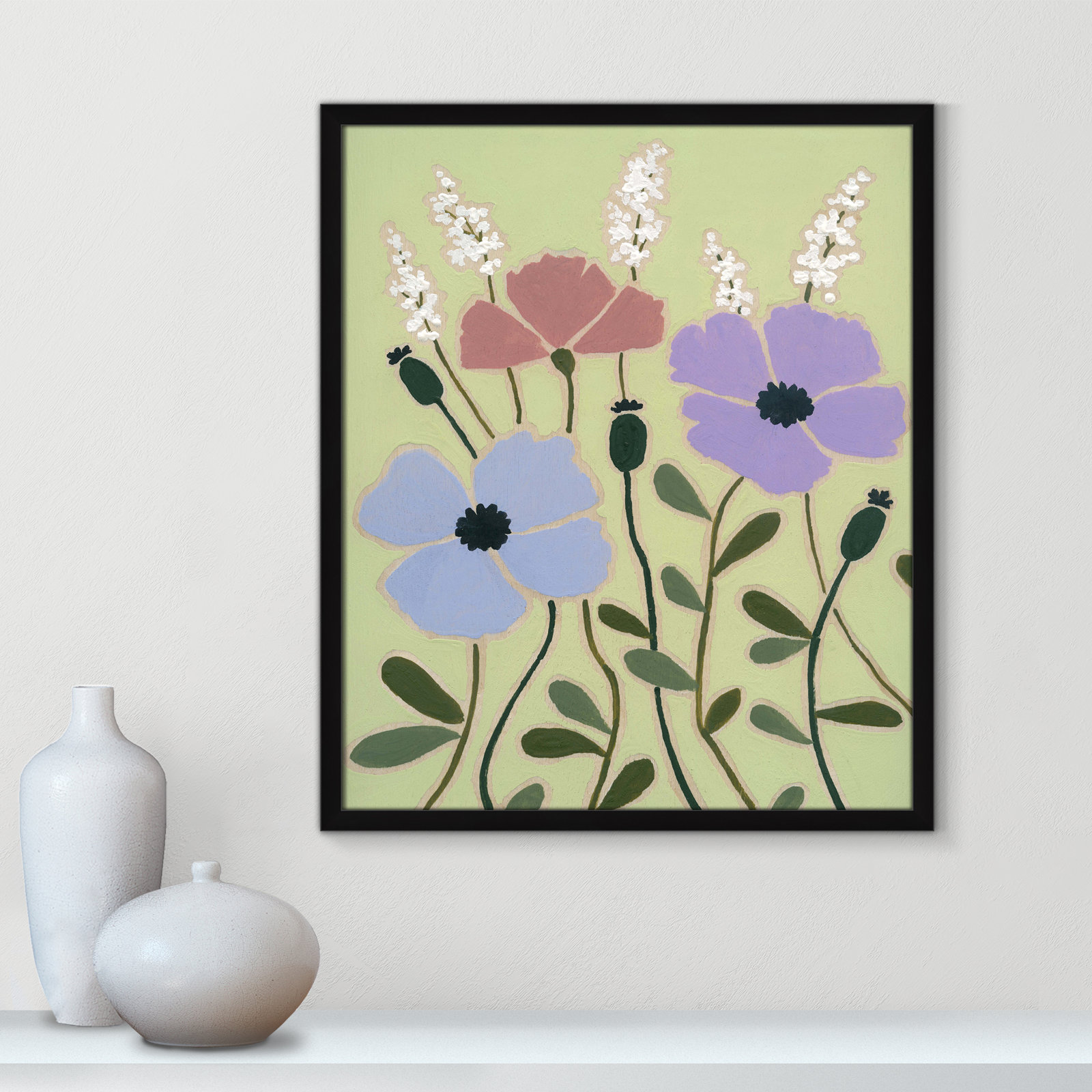 Maura "Woodblock Floral III" Print, Satin Black Framed, 25.5" H x 21.5" W x 1.25" D