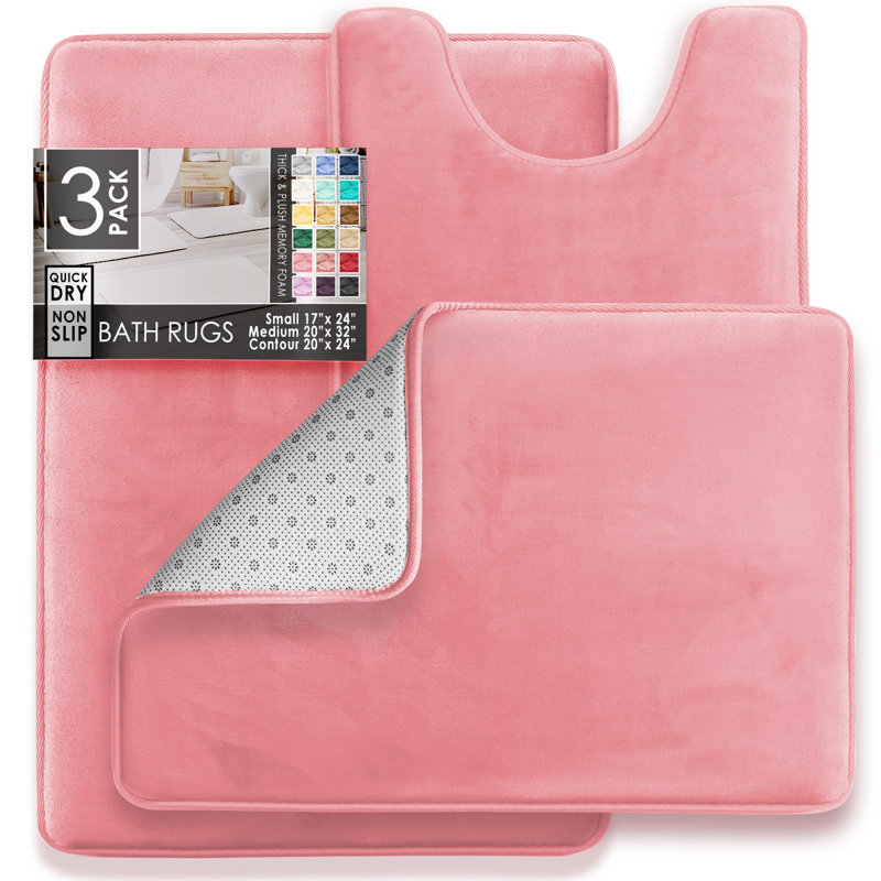 Aighan 3 Piece Ultra Soft and Absorbent Memory Foam Bath Rug Set with Non-Slip Backing, Coral Pink