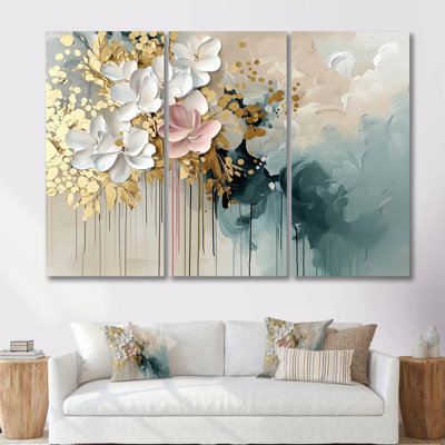 Gold Floral Brushstroke Abstract Painting - Flowers Wall Art Living Room Set