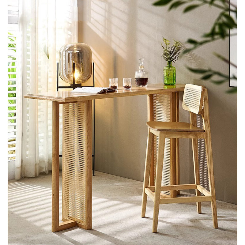 Table de bar moderne en rotin minimaliste et en bois massif, H 39,37 po x L 62,99 po x l 19,69 po