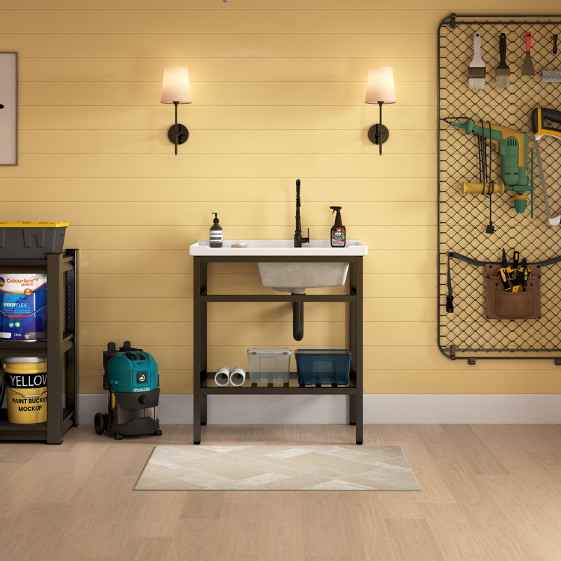 Évier à lessive autoportant l 32 po x H 36 po avec planche à laver intégrée et structure en métal noir