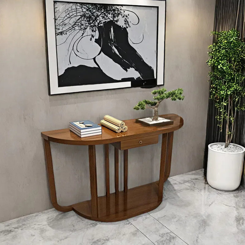 Semi-Circular Solid Wood Hallway Table, Walnut, 31.5" H x 47.2" W x 14.2" D