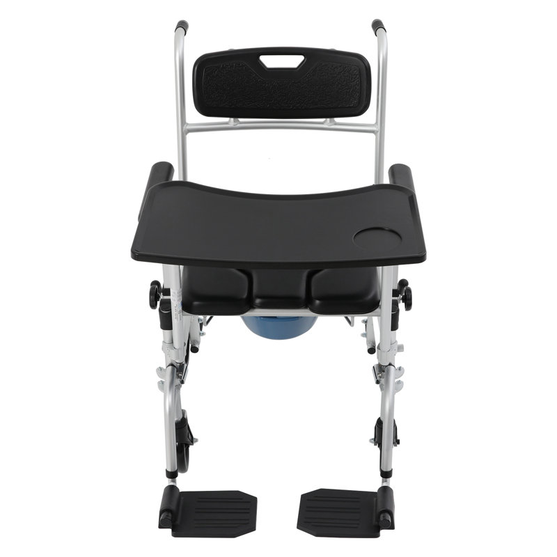 Fauteuil roulant de chevet avec roulettes et freins à hauteur réglable, table de plateau amovible, seau de toilette et couvercle, capacité de 220 lb