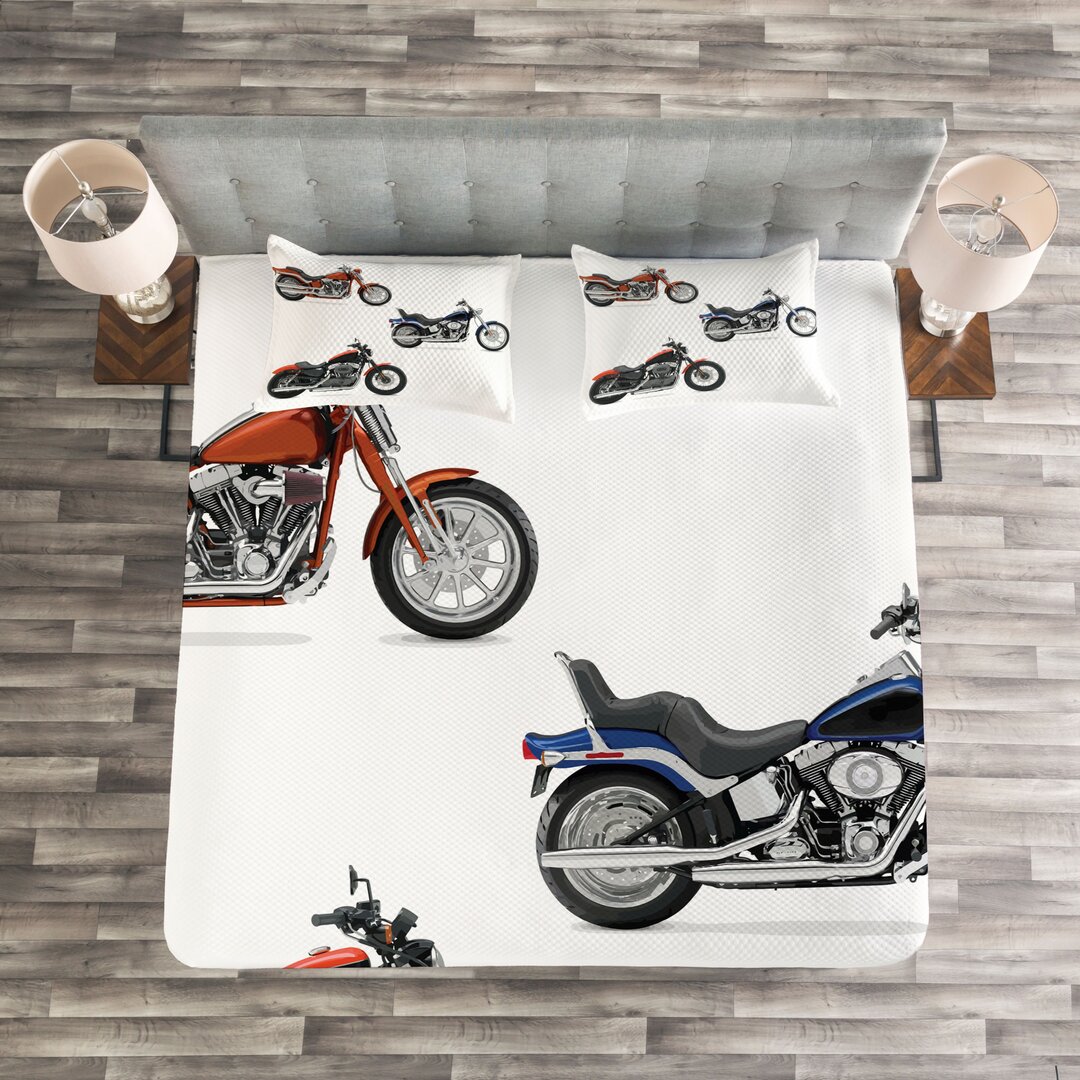 Gestepptes Bettdecken-Set, Hippie-Art-Reise, Motorrad, Orange Schwarz