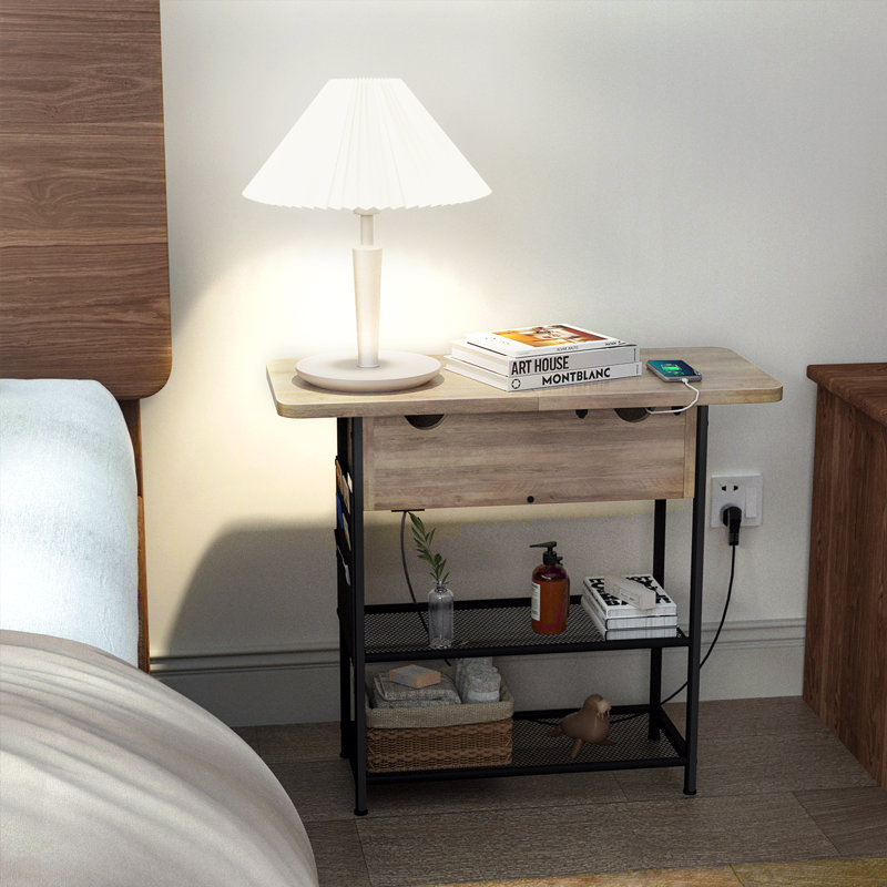 Hogsett End Table Storage and USB Ports & Power Outlets With Side Pockets, Cream