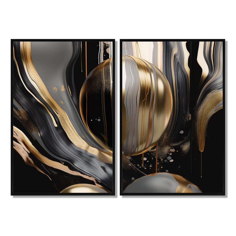 Marbre captivant doré et noir III - art mural doré, 36" H x 48" W, Impression encadrée flottante, Black