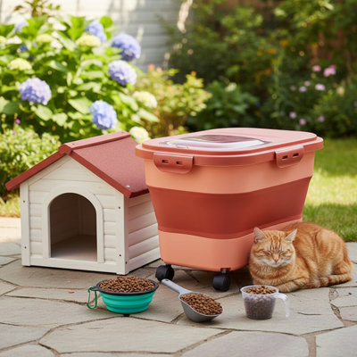 33LB Cat Food Storage Container, Large Capacity Foldable Dog Cat Food Container With Airtight Lid, Wheels, Spoon, Folding Bowl, Foldable Cat Food Storage Container For Dogs Cats, Pink