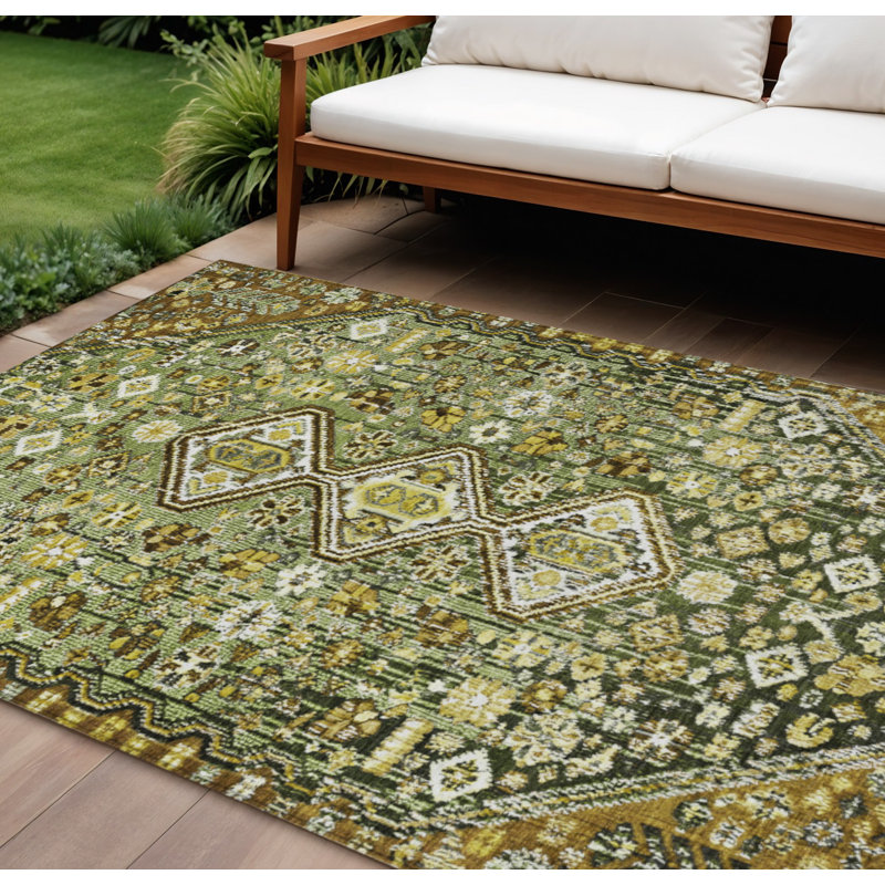 Tapis intérieur/extérieur lavable, vert olive et brun, à motifs aztèques, 2,74 m x 3,66 m.