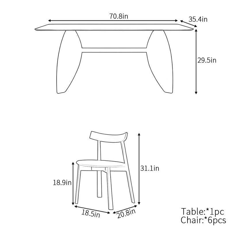 Ensemble de table de salle à manger simple de style italien, H 29,5 po x L 70,8 po x l 35,4 po