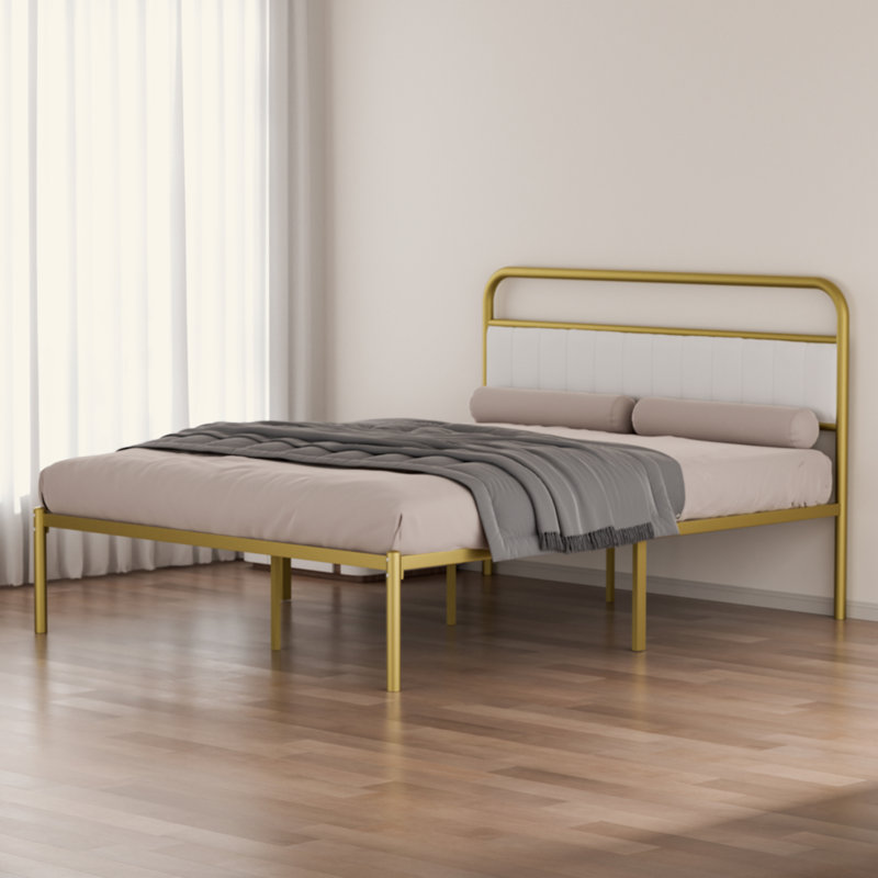 Structure de lit plateforme en métal et acier avec coussin de tête de lit rembourré (grand)