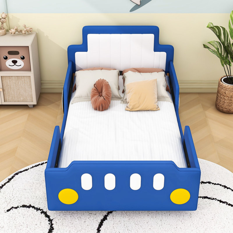 Lit plateforme simple avec roulettes Amarionna, Bleu
