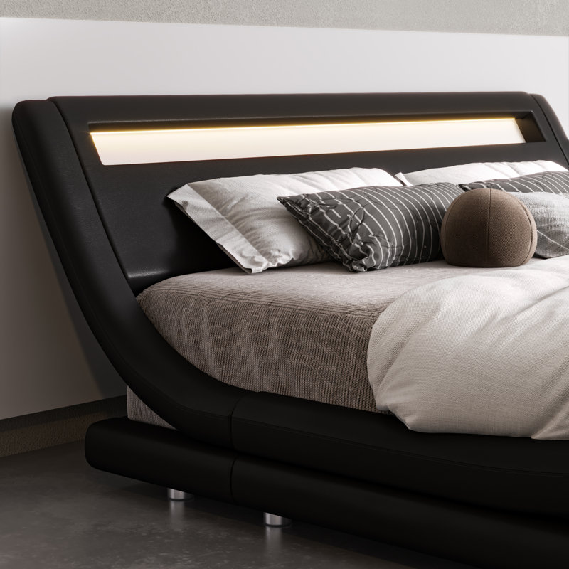 Charlesten Vegan Leather Platform LED Lights Bed with Wooden Slats and Adjustable Headboard, RGB Lighting & Music Sync, No Box Spring Needed