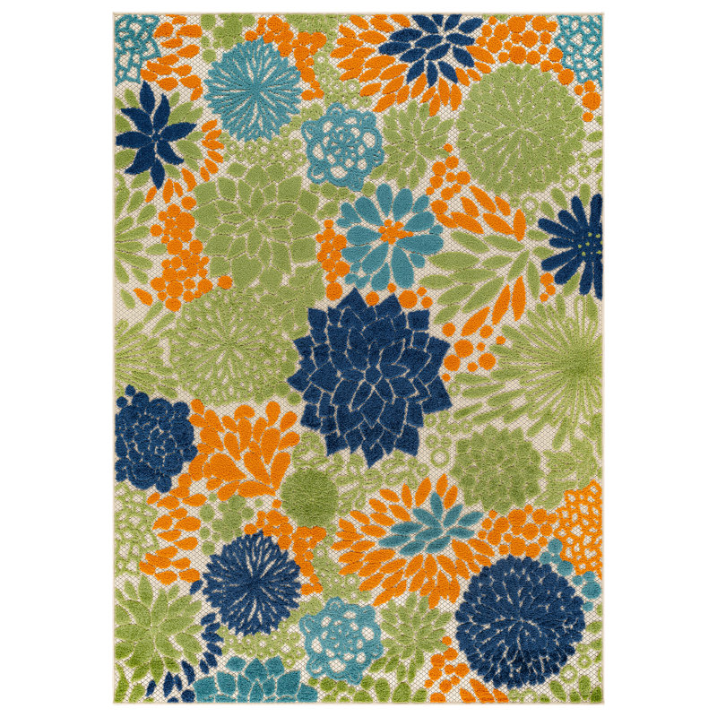 Tapis floral intérieur / extérieur beige / bleu marine / bleu sarcelle / vert / orange, Multicolore / beige