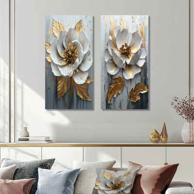 Ensemble de 2 pièces d'art mural pivoine blanche et dorée