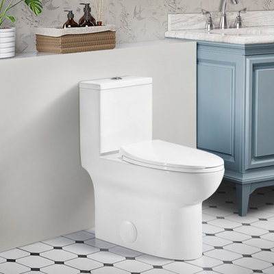 Toilette au sol, hauteur confort allongée 1,1 / 1,6, blanc en céramique, siège à fermeture en douceur, et une, allongée, fixation en hauteur, céramique