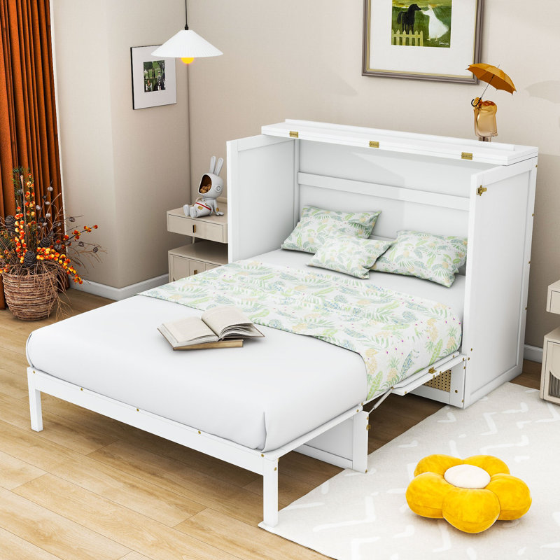 Lit escamotable en bois avec tiroirs, Double, Blanc