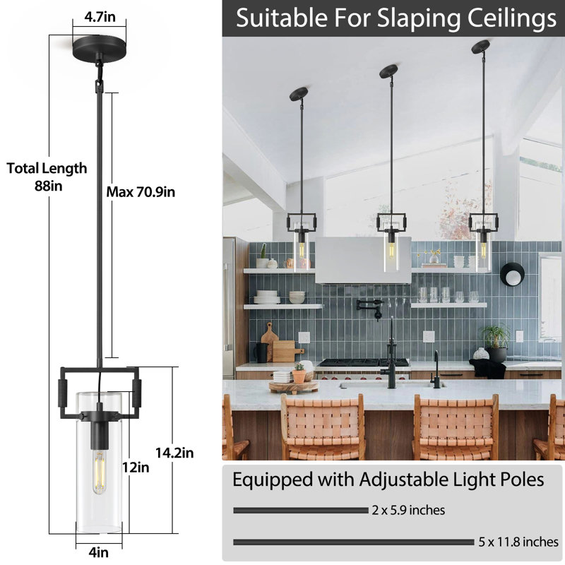 Luminaire suspendu pour îlot de cuisine en verre transparent à 1 lumière (ensemble de 2), Noir
