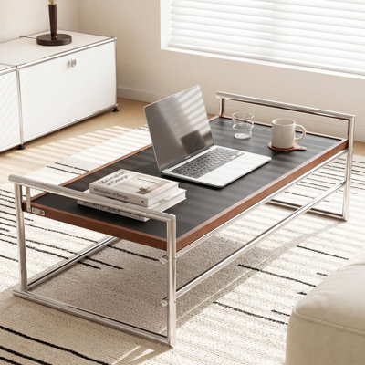 50 po Table basse moderne en noyer 2-en-1 transformable en table de salle à manger avec structure en acier inoxydable robuste