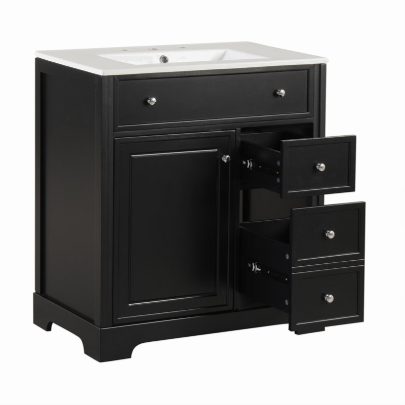 Meuble-lavabo 30 po avec comptoir, meuble-lavabo avec porte et 2 tiroirs, planches en panneau de fibres à densité moyenne, 1 paquet, noir