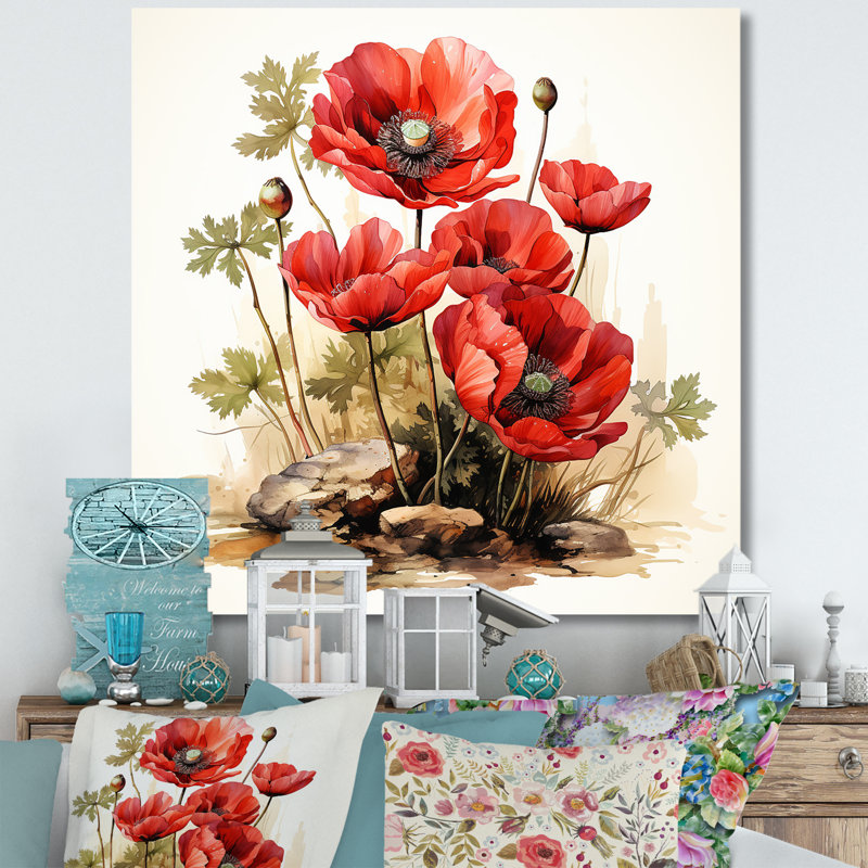 Red Serene Poppy Meadows II - Art mural coquelicot, Toile tendue, 30" H x 30" W