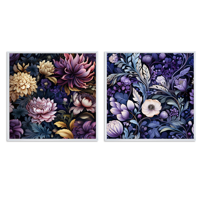 Deep Emerald - lotus mauve enchante - ensemble de 2 collages floraux carrés, Cadre flottant blanc, H 16 po x l 33 po