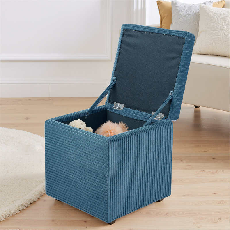 Corduroy Cube Ottoman Foot Rest With Hidden Storage – Small Square Storage Ottoman Bench For Bedroom Or Living Room, Blue