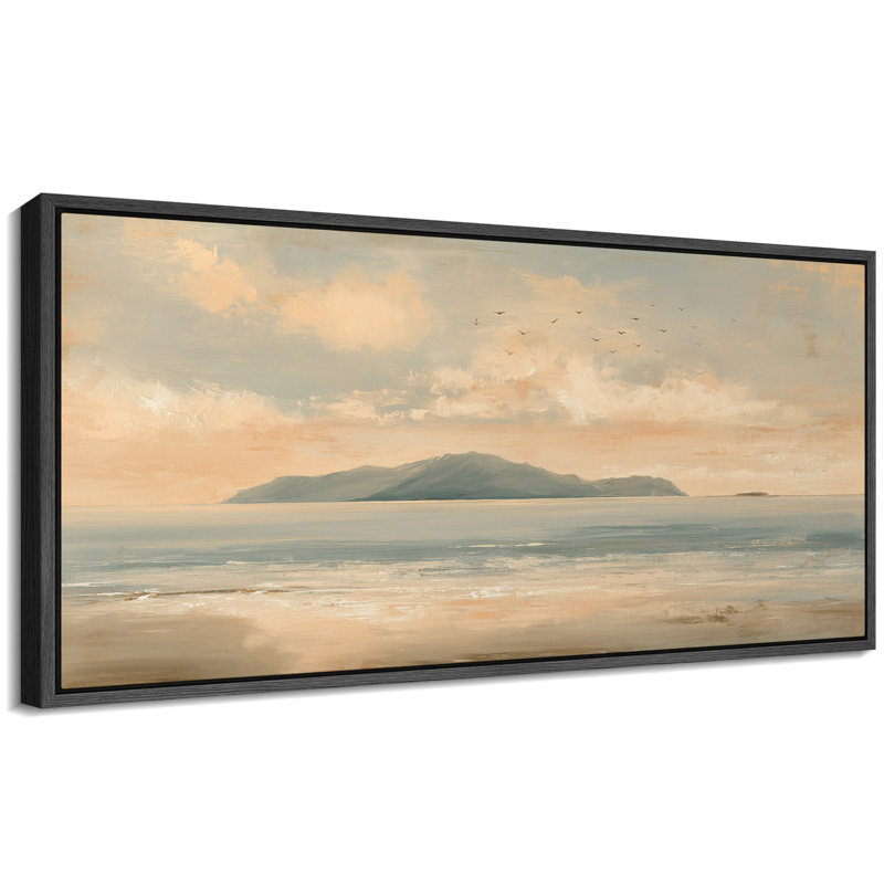 «Serene Coastal Sunset with Distant Mountains and Flying Birds», reproduction d'art sur toile encadrée très grande