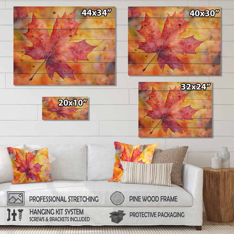Feuille d'érable d'automne I - impression sur bois de feuilles - sur bois de pin naturel, H 34 po x l 44 po