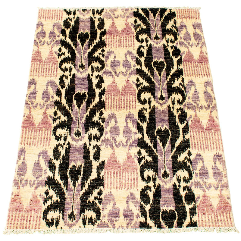 Tapis noir en laine noué à la main de conception unique 4 pi 2 po x 6 pi 3 po New Age Mogul Raadhiya