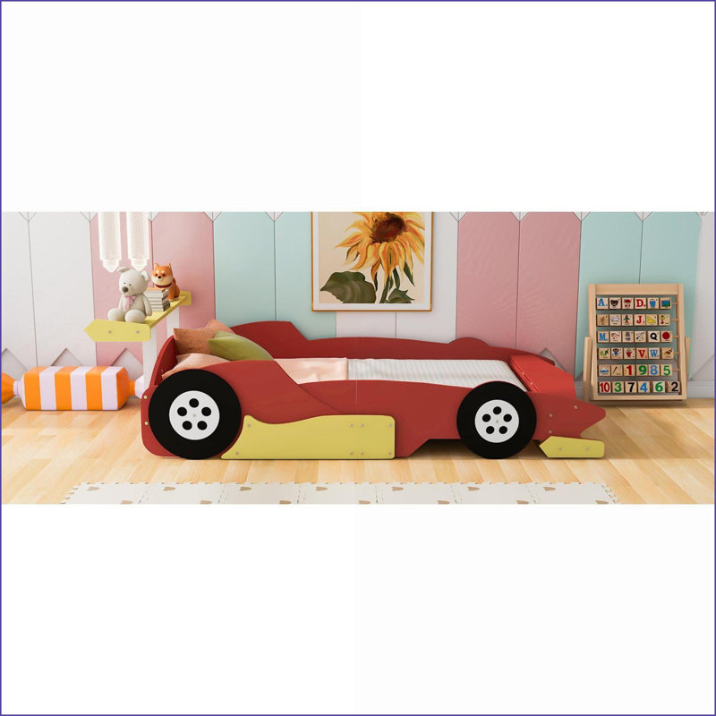 Full Size Plywood MDF Platform Bed Frame - Race Car Design with Wheels, No Box Spring Needed, Red for Bedroom