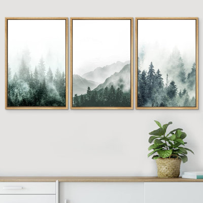 IDÉE4WALL, reproduction d'art sur toile encadrée, ensemble de décor de chambre de bébé forêt brumeuse, montagne, forêt, vallée, nature, art moderne, paysage rustique pour salon, chambre à coucher, bureau, impression sur toile, 3 pièces