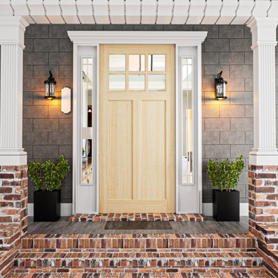 Unfinished Pine Solid Core 2-Grid Transparent 6 lite Clear Glass Panel Front Door With < Inswing >Jamb Kit