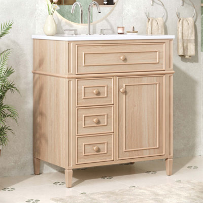 Meuble-lavabo de 30 po avec lavabo, armoire en bois massif et panneau de fibres à densité moyenne, tiroir rabattable, 2 tiroirs à fermeture en douceur, 1 porte à fermeture en douceur, poignées en bois élégantes