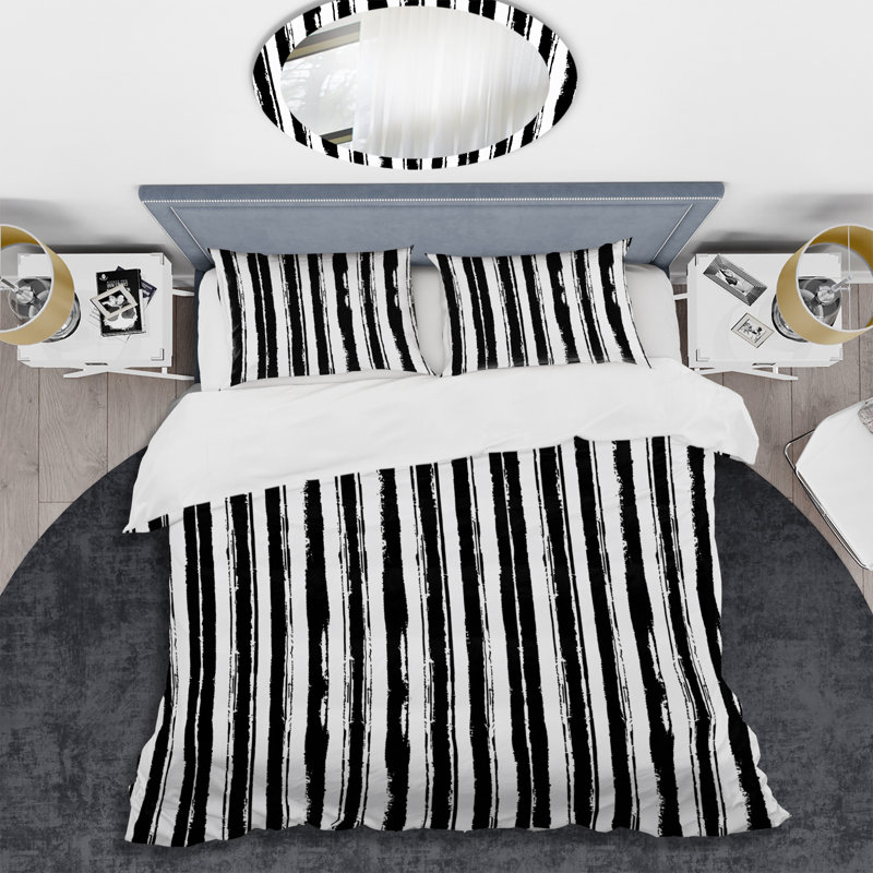 Ensemble de housse de couette transitionnel noir et blanc à rayures I, Housse de couette très grand + 2 très grandes ta