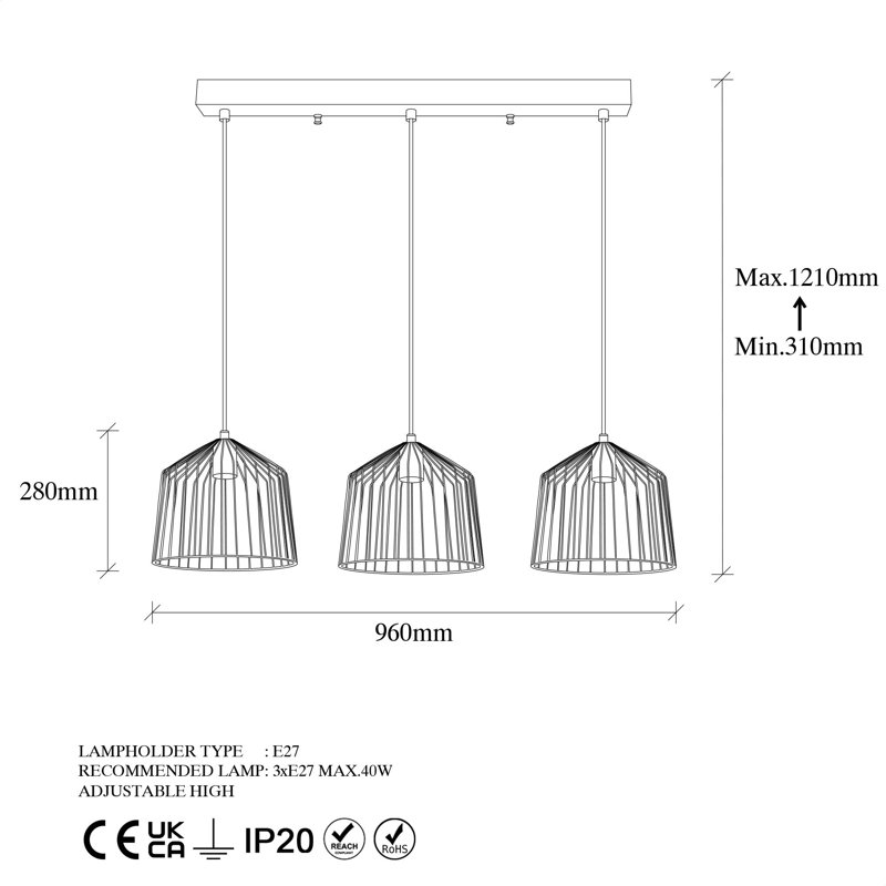 Luminaire suspendu en forme de dôme à 3 lumières pour îlot de cuisine, Or brillant