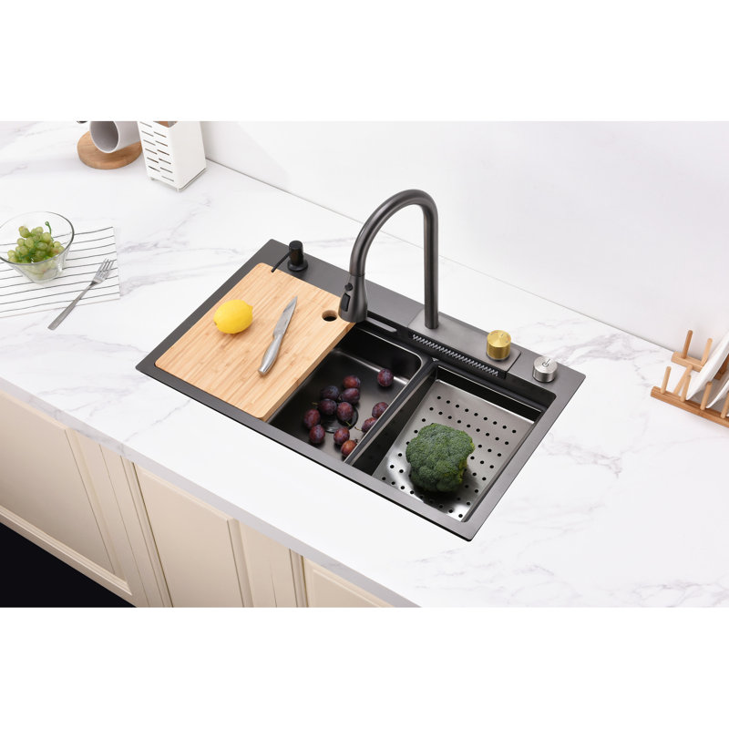 304 Stainless Steel Flying Rain Waterfall Sink - Kitchen Basin For Vegetable Wash Gray Nano Resilient Single Slot Use, Satin