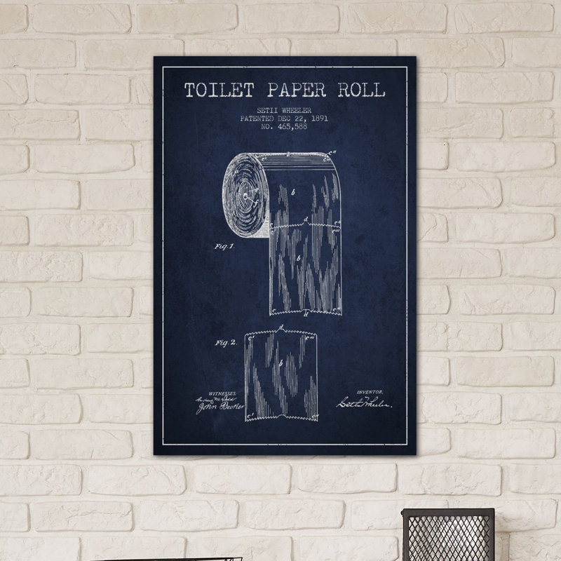 « Toilet Paper Navy Blue Patent Blueprint », impression sur toile tendue, H 26 po x l 18 po x P 1,5 po, Toile avec cadre noir