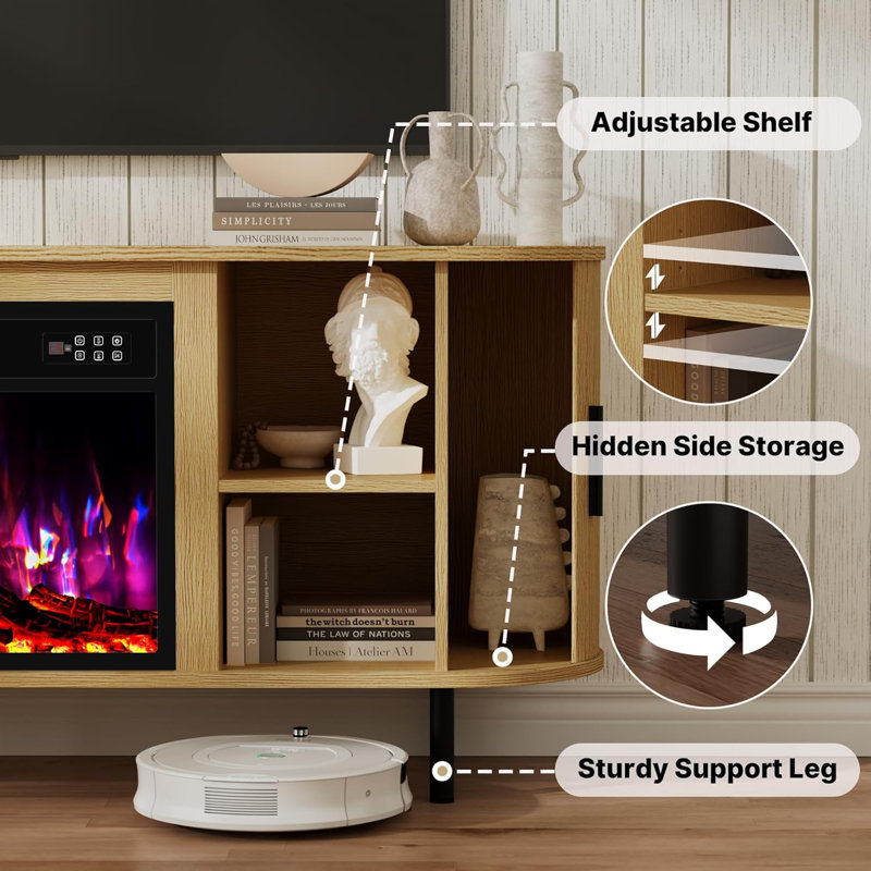 Meuble télé 65 po avec portes coulissantes, console média cannelée moderne, Chêne
