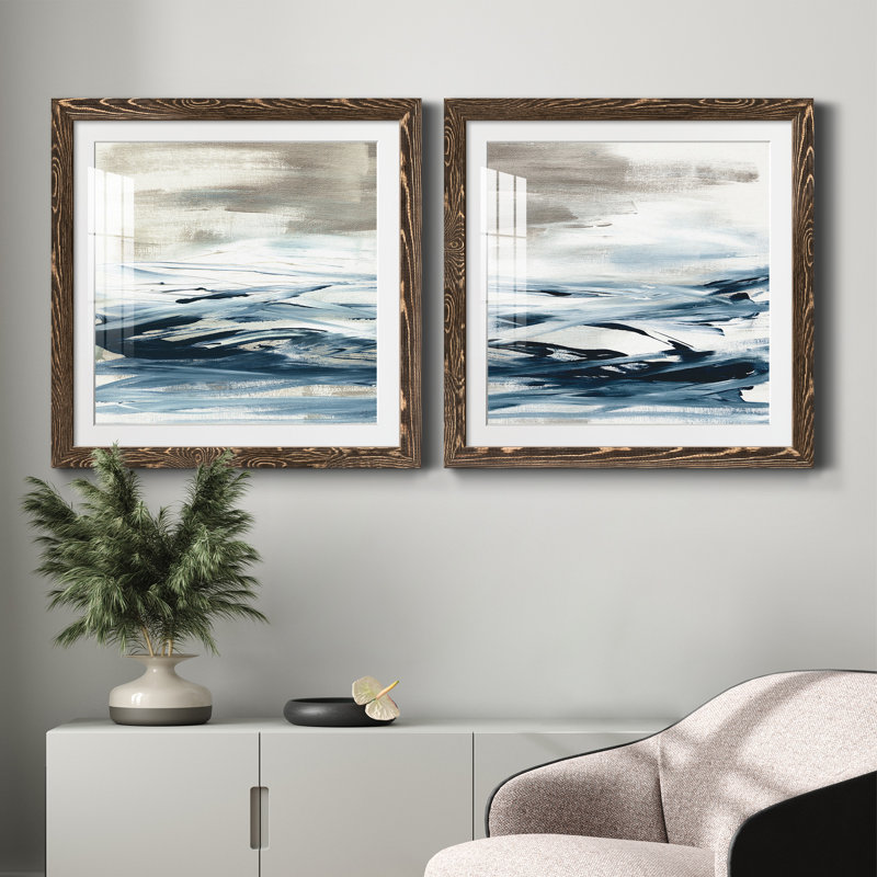 Tumultous Indigo I - ensemble de 2 peintures encadrées, H 31,5 po x l 63 po x P 1,5 po, Encadré de bois de noyer