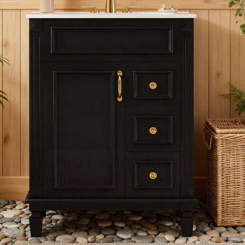 Élégant meuble-lavabo de style français avec lavabo en céramique 2 tiroirs et tablette réglable, Noir