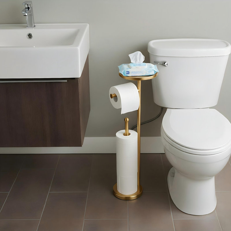 Porte-papier hygiénique avec tablette, support pour rouleaux de papier hygiénique avec rangement pour 4 rouleaux supplémentaires, acier inoxydable antirouille, autoportant, (doré)