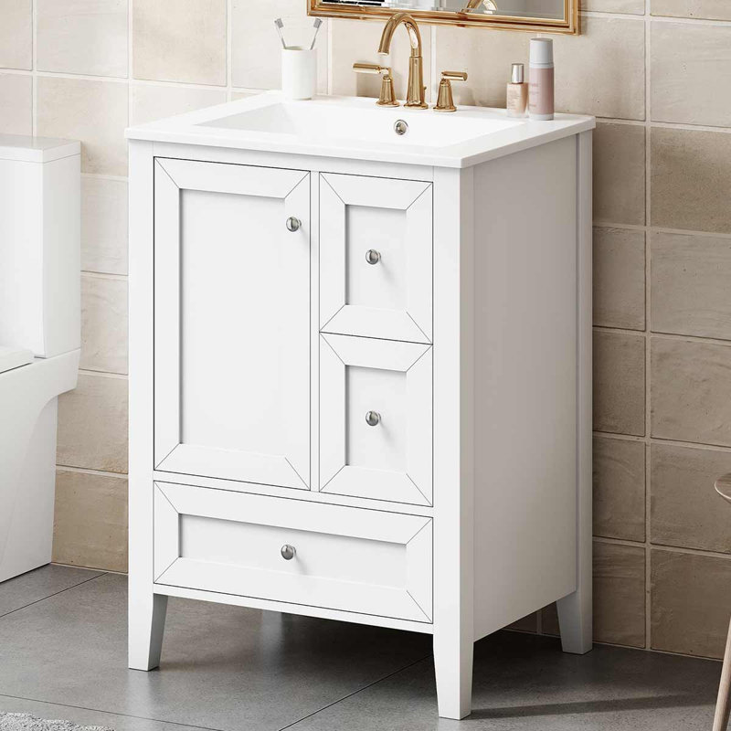 Meuble-lavabo de 24 po avec lavabo en céramique, armoire de rangement avec séparateurs amovibles, Off White