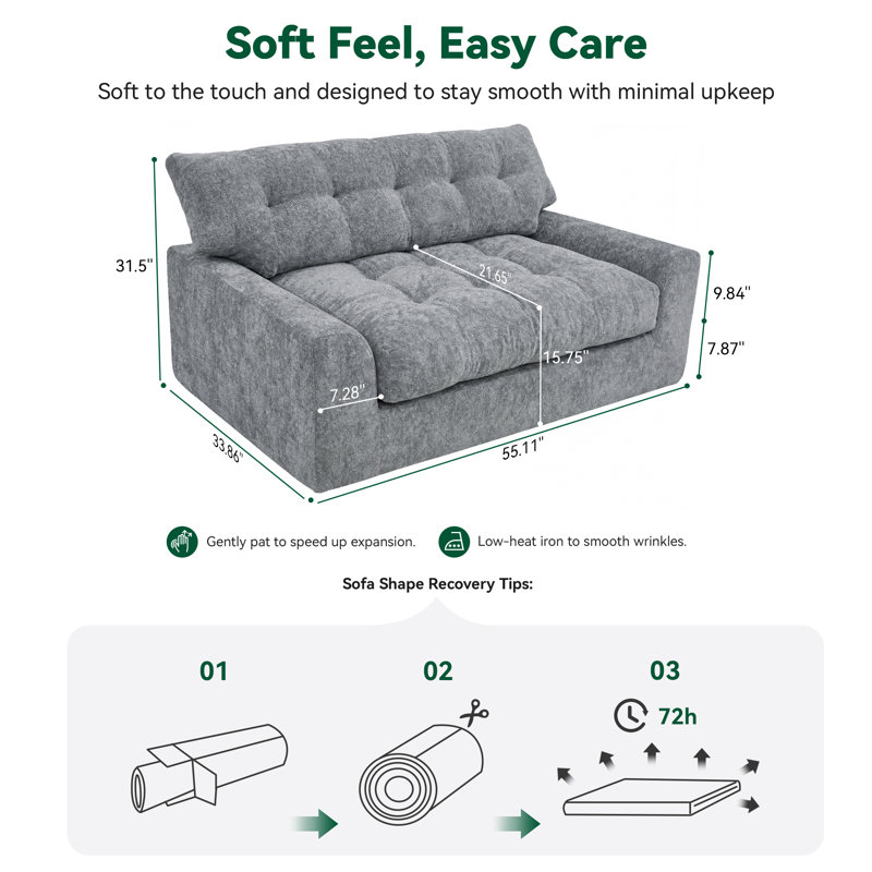 55.11 in Modern Grey Sparkle Chenille Tufted Floor Loveseat, Memory Foam Cushioning, Removable Back Support, Side Pockets