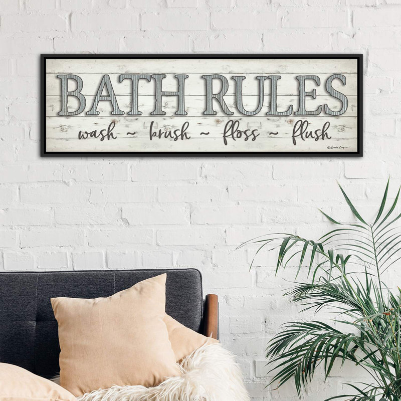 " Bath Rules " by Susie Boyer, 20" H x 60" W x 1.5" D, Distressed Black Floater Framed