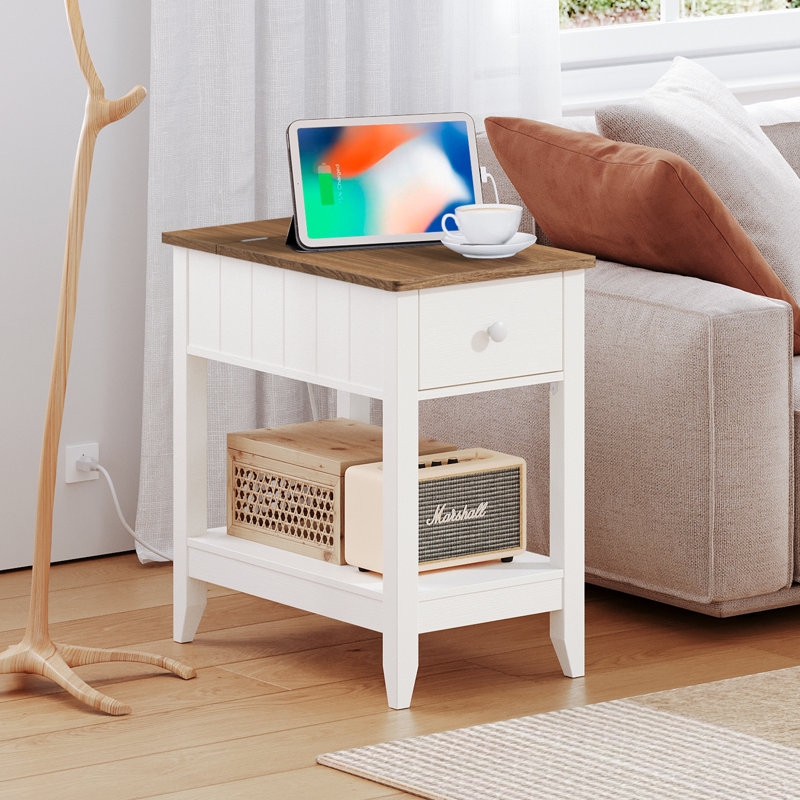 Yoland 23.6'' Tall End Table with Storage and Built-In Outlets, White
