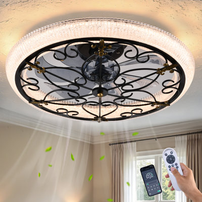 Ventilateur de plafond noir de 20 pouces avec éclairage intégré, style ferme, montage encastré, télécommande, intensité lumineuse réglable, DEL, profil bas, abat-jour en cristal couleur sable, idéal pour la chambre, la cuisine et le salon.