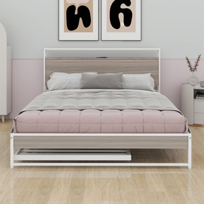 Platform Bed Frame With Trundle, USB Ports And Slat Support