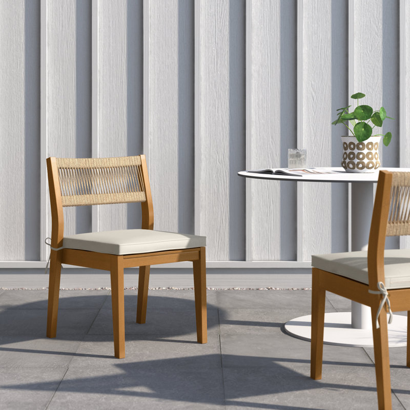 Set of 2 Weather-Resistant Solid Wood Stackable Outdoor Dining Chairs with Cream Cushions